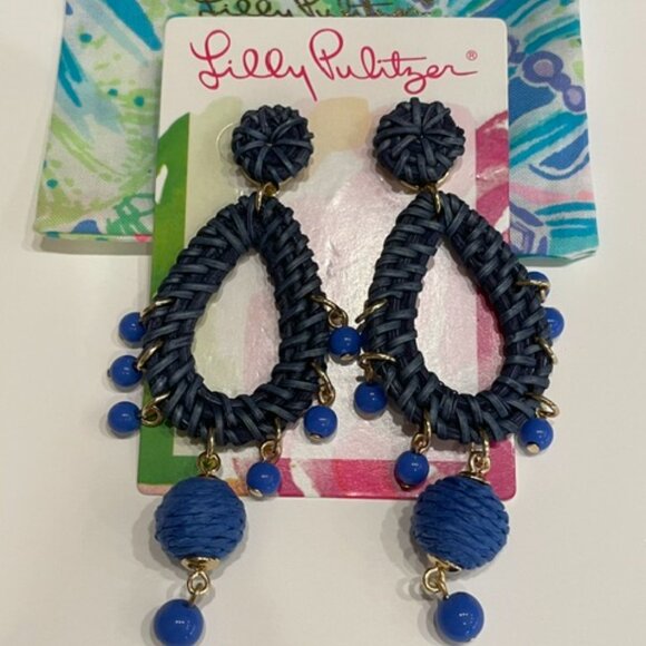 NWT Lilly Pulitzer Navy Blue Raffia Dangle Earrings Boho Summer Vacation - Picture 3 of 3